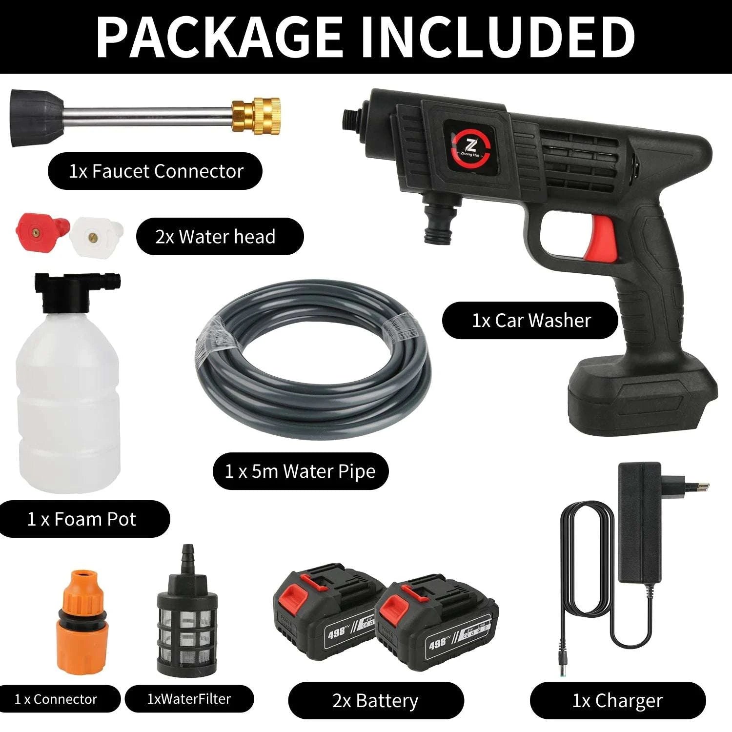 Cordless High Pressure Washer 50Bar with Battery & 6-in-1 Nozzle-20000mAh Battery*2 / EU / france|Electric