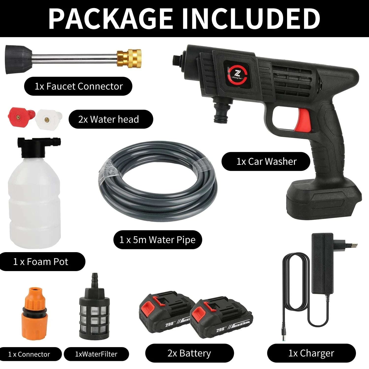 Cordless High Pressure Washer 50Bar with Battery & 6-in-1 Nozzle-20000mAh Battery*2 / EU / france|Electric