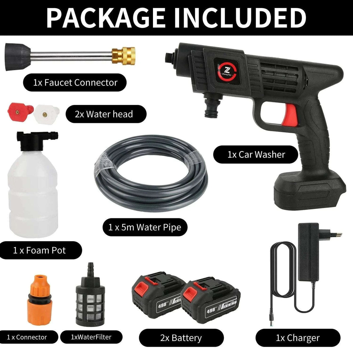 Cordless High Pressure Washer 50Bar with Battery & 6-in-1 Nozzle-20000mAh Battery*2 / EU / france|Electric