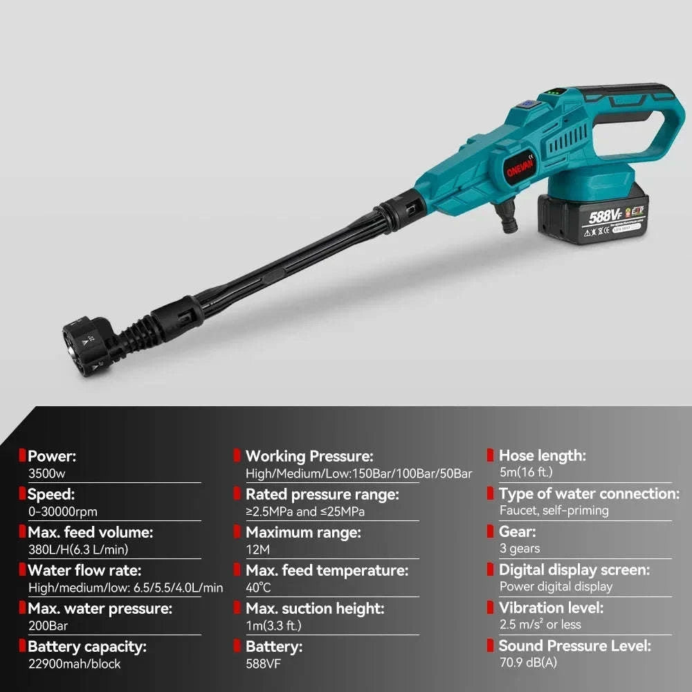 Cordless High Pressure Washer Gun 200 Bar 6-in-1 Spray for Car & Garden-Without Battery / China Mainland