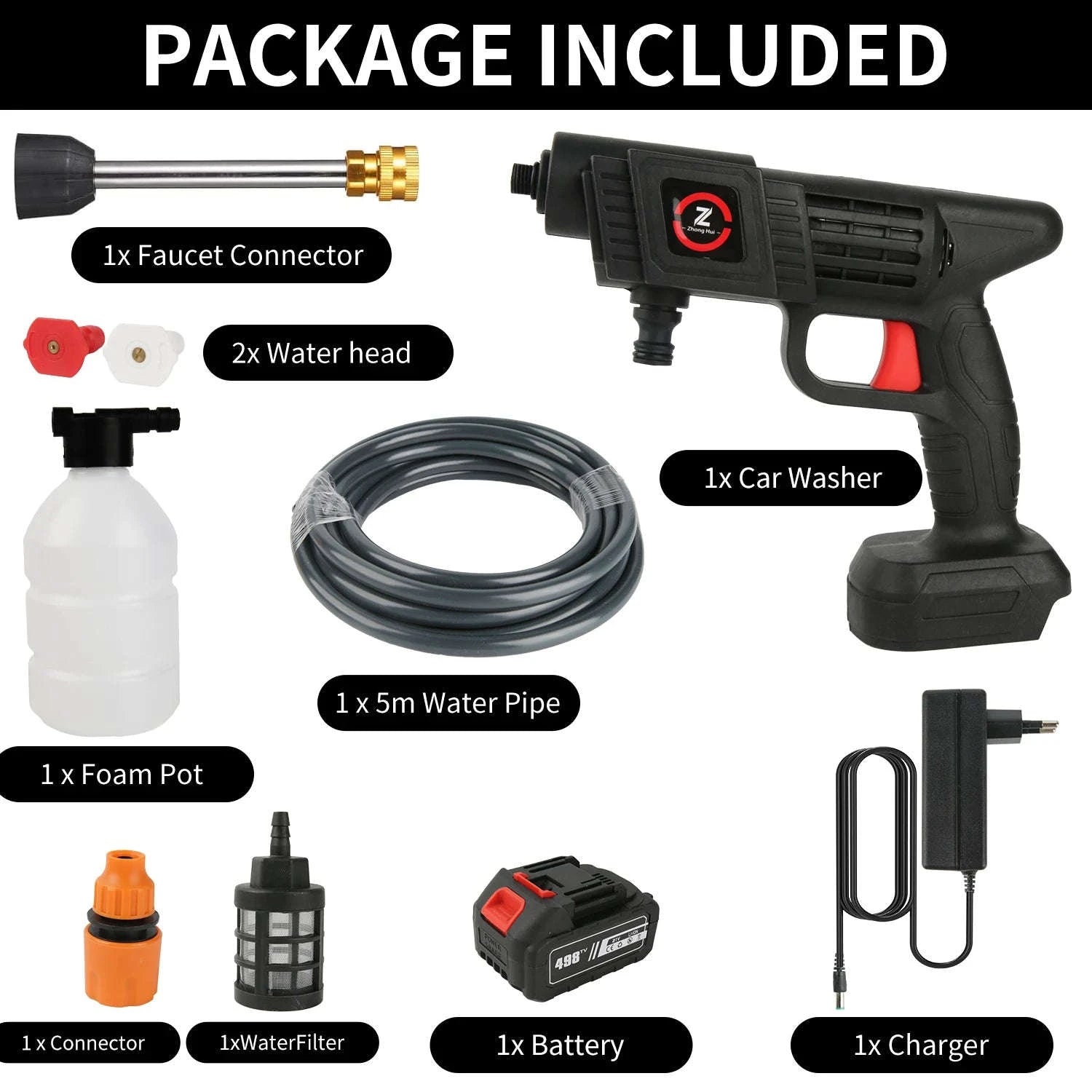 Cordless High Pressure Washer Gun 50BAR with Battery and Foam Spray-PL-20000mAhBattery*1 / Battery Powered / france