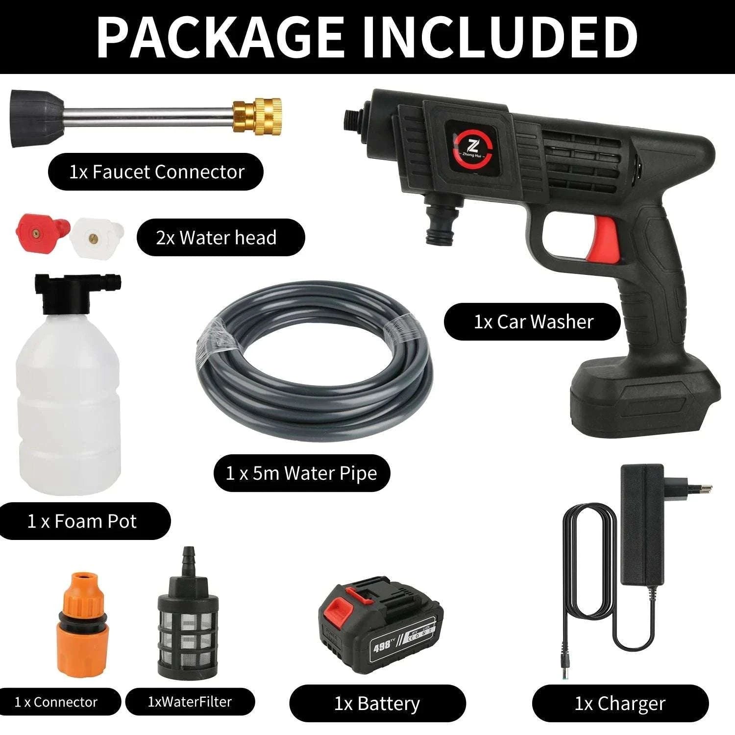 Cordless High Pressure Washer Gun 50BAR with Battery and Foam Spray-