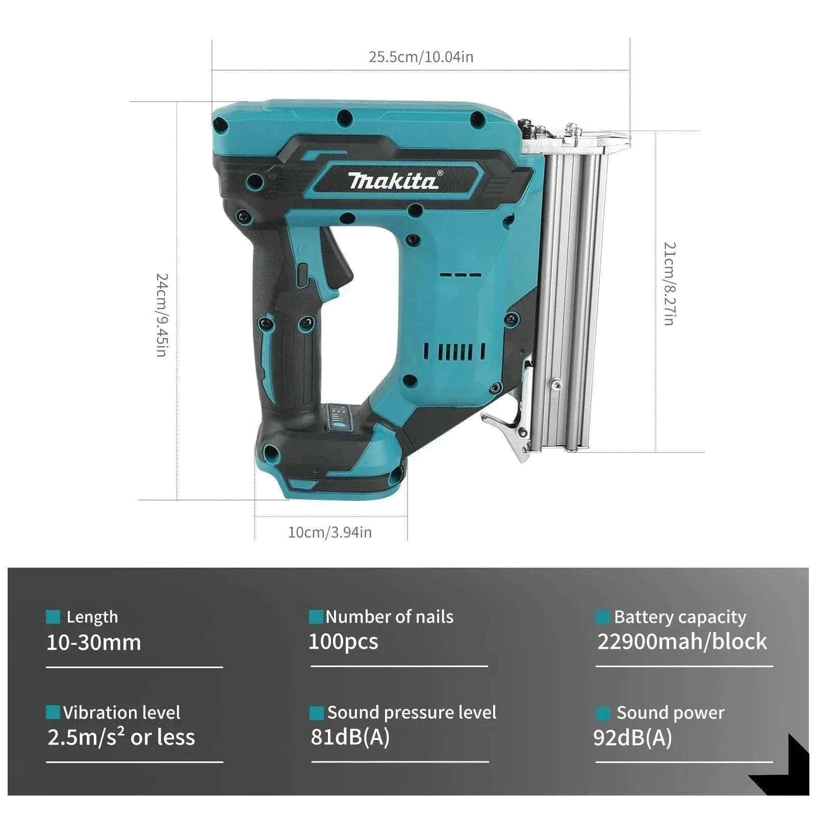 Cordless Nail Gun 10–30mm 100-Nail Capacity High-Speed Woodworking Tool-1Battery 1Charger EU