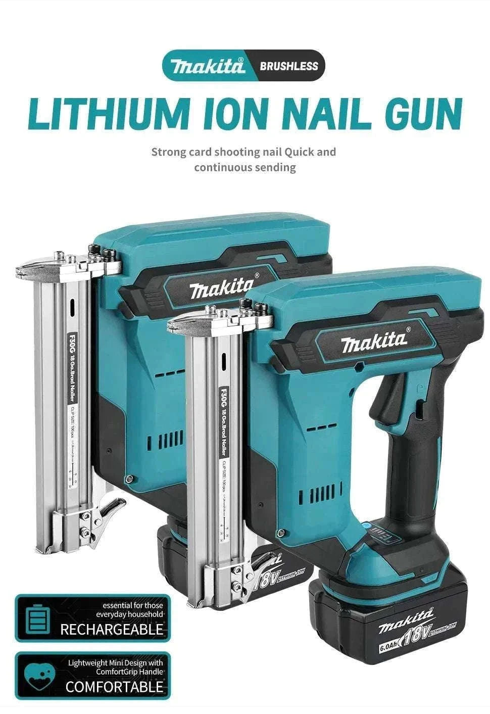 Cordless Nail Gun 10–30mm 100-Nail Capacity High-Speed Woodworking Tool-1Battery 1Charger EU