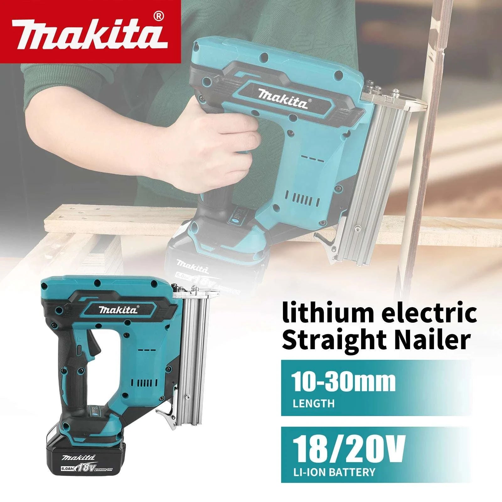 Cordless Nail Gun 10–30mm 100-Nail Capacity High-Speed Woodworking Tool-1Battery 1Charger EU
