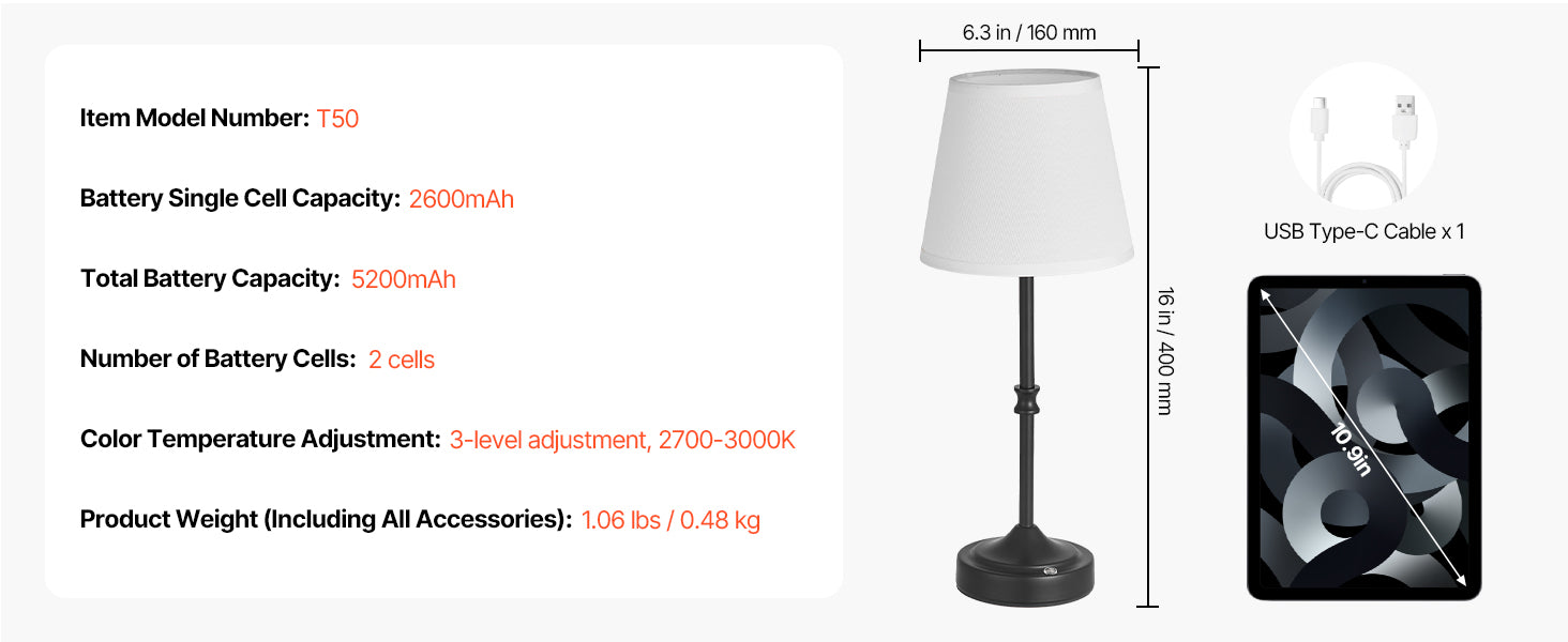 Cordless Table Lamp with Rechargeable Battery & Touch Dimming