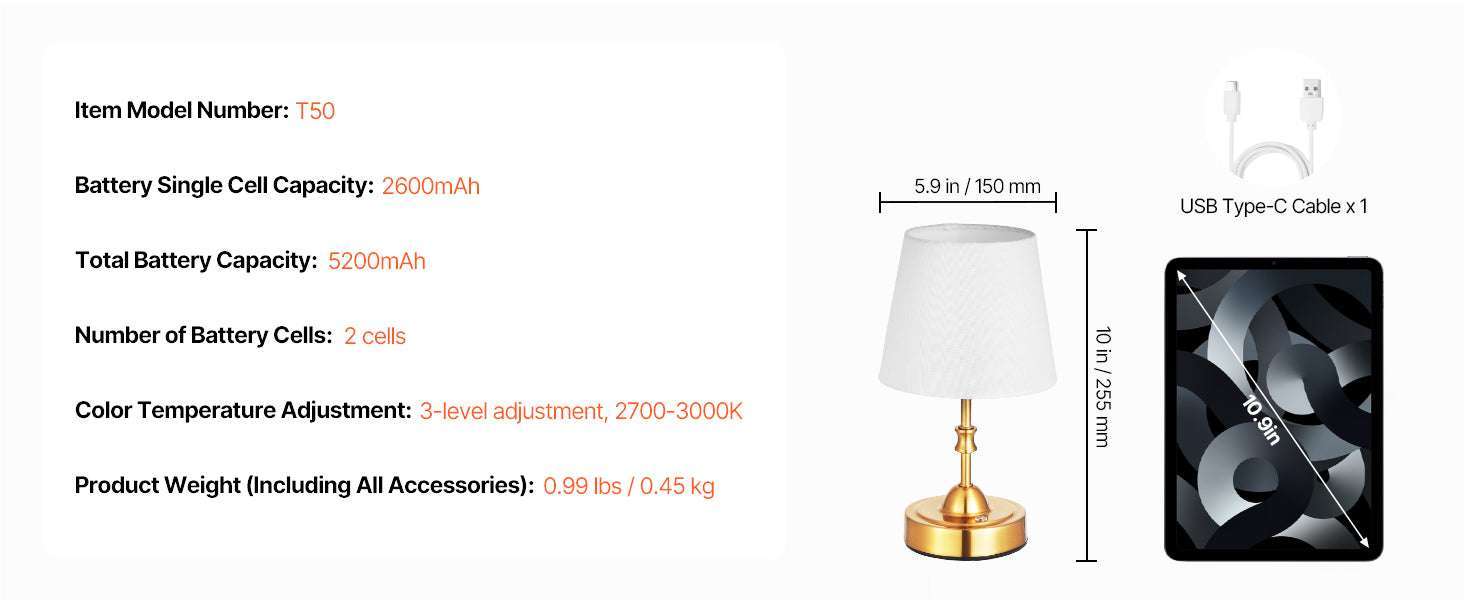 Cordless Table Lamp with Rechargeable Battery & Touch Dimming-1 Black 6.3in / United States