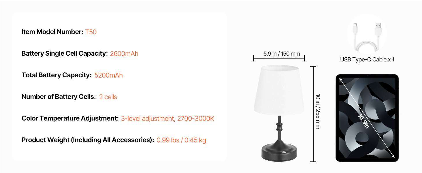Cordless Table Lamp with Rechargeable Battery & Touch Dimming-1 Black 6.3in / United States