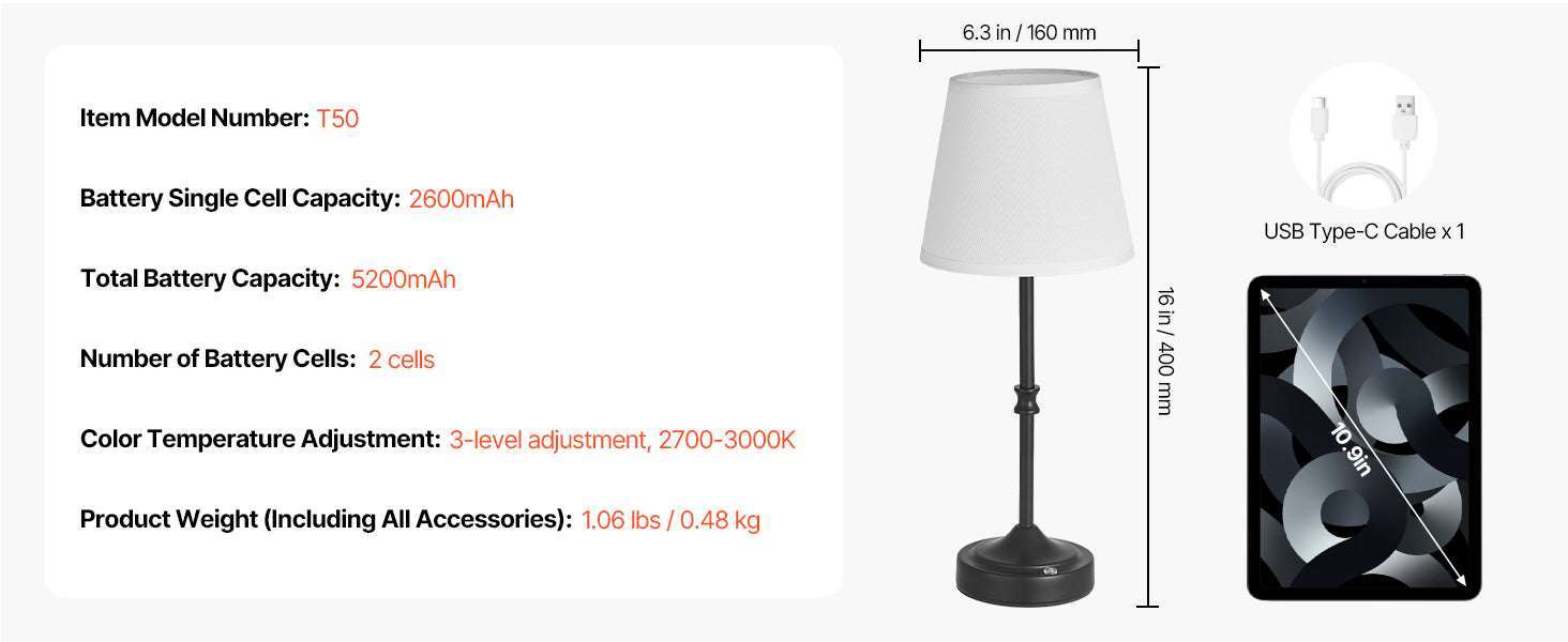 Cordless Table Lamp with Rechargeable Battery & Touch Dimming-1 Black 6.3in / United States