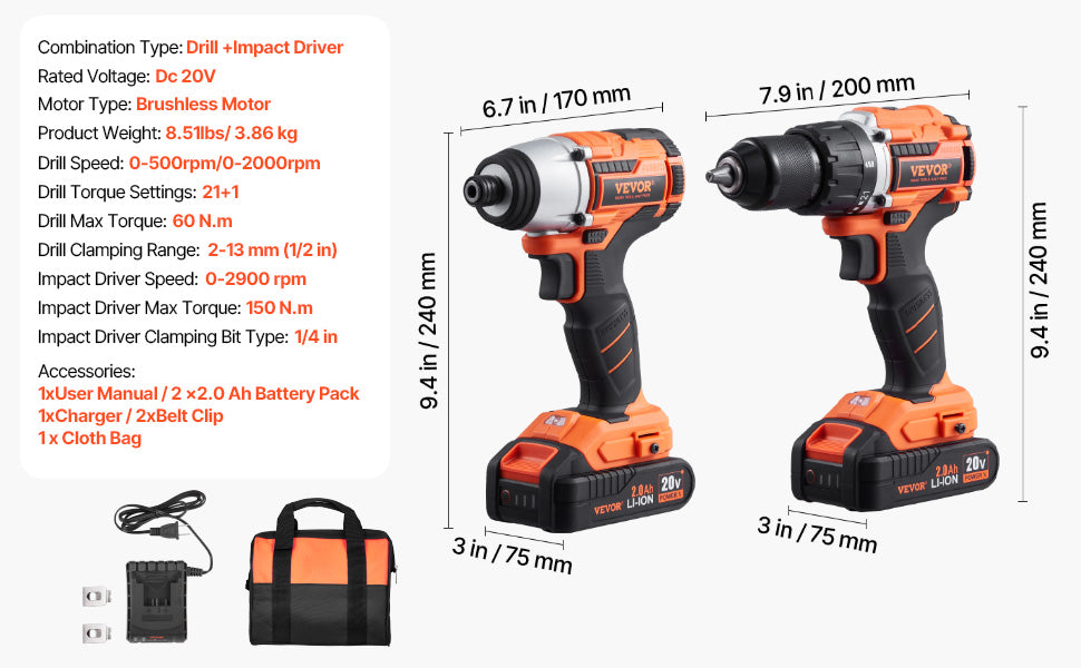 Cordless Drill & Impact Driver Combo Kit with Batteries and Charger