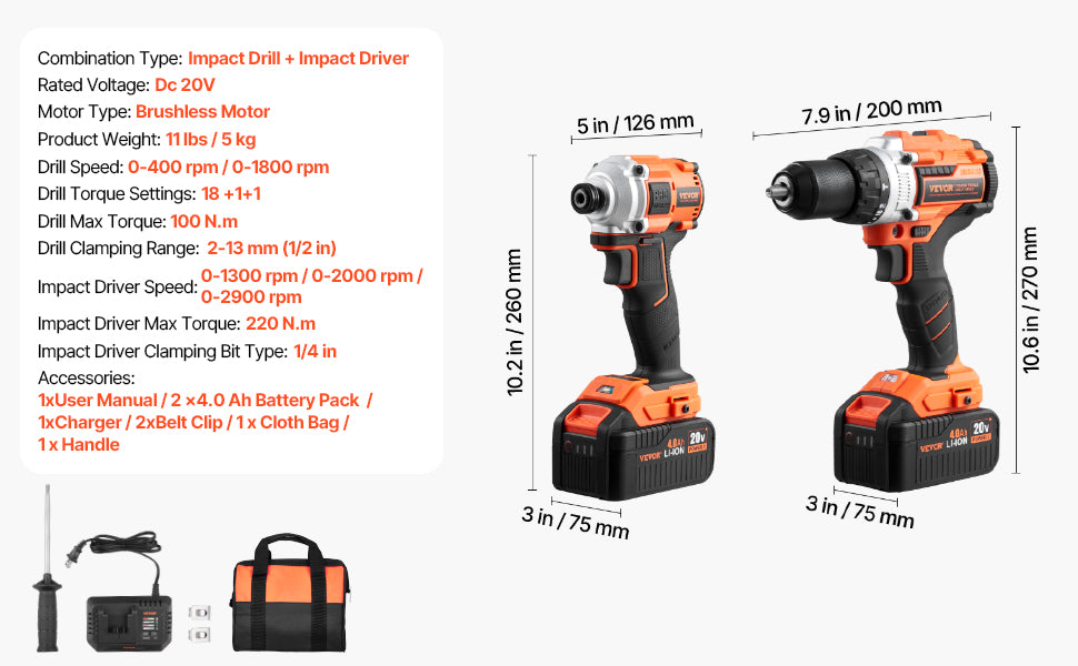 Cordless Drill & Impact Driver Combo Kit with Batteries and Charger