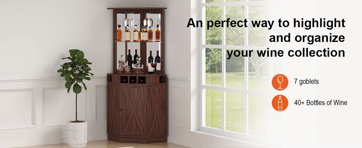 Corner Bar Cabinet with Glass Holder & 40+ Bottle Wine Storage-United States