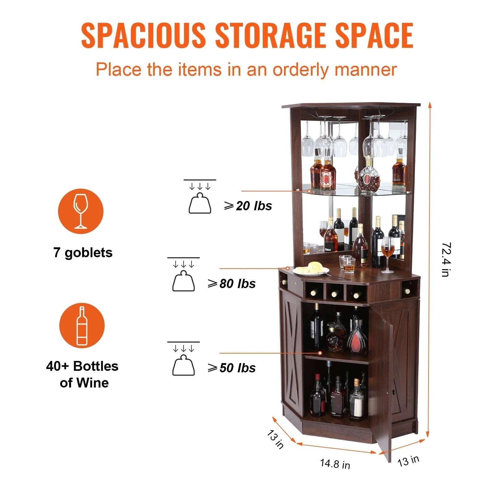 Corner Bar Cabinet with Glass Holder & 40+ Bottle Wine Storage-United States