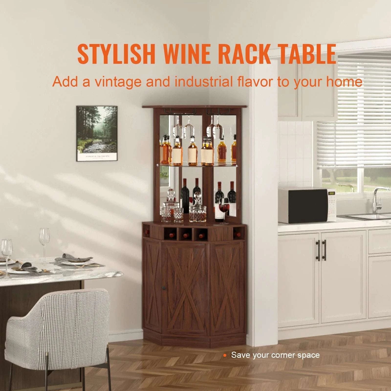 Corner Bar Cabinet with Glass Holder & 40+ Bottle Wine Storage-United States