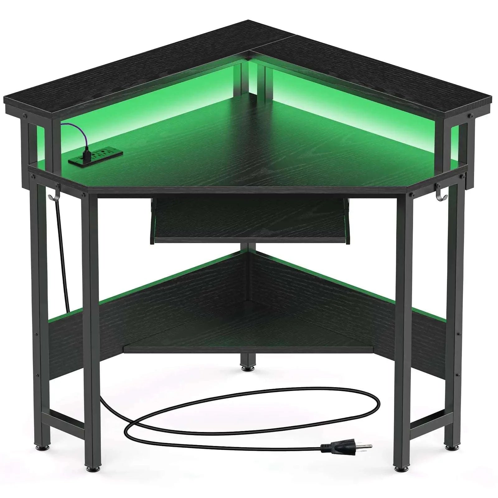 Corner Desk with LED Lights & Power Outlets for Small Spaces-Carbon Black / United States