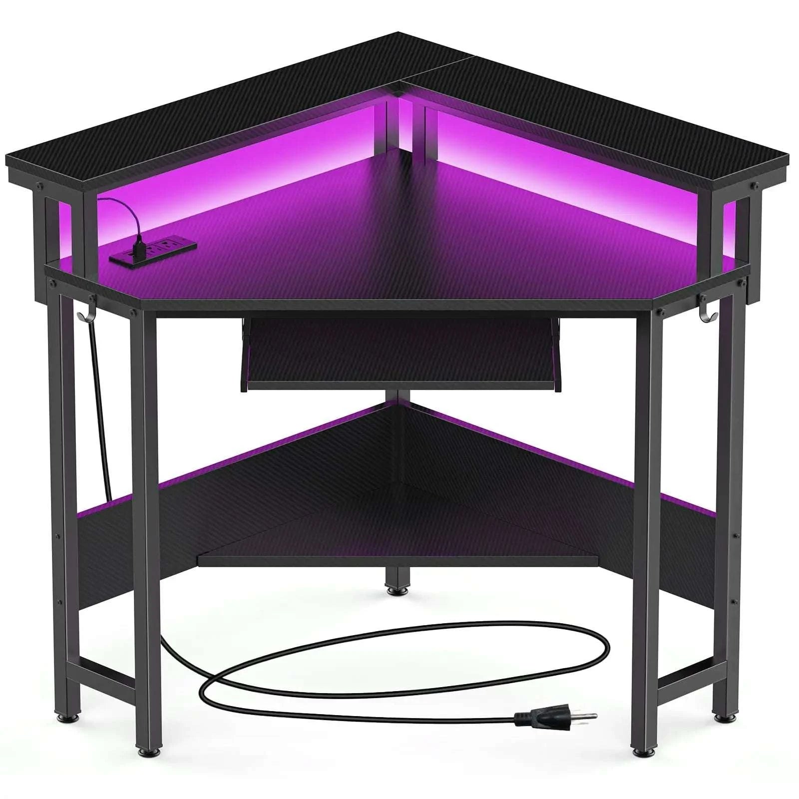 Corner Desk with LED Lights & Power Outlets for Small Spaces-Carbon Black / United States