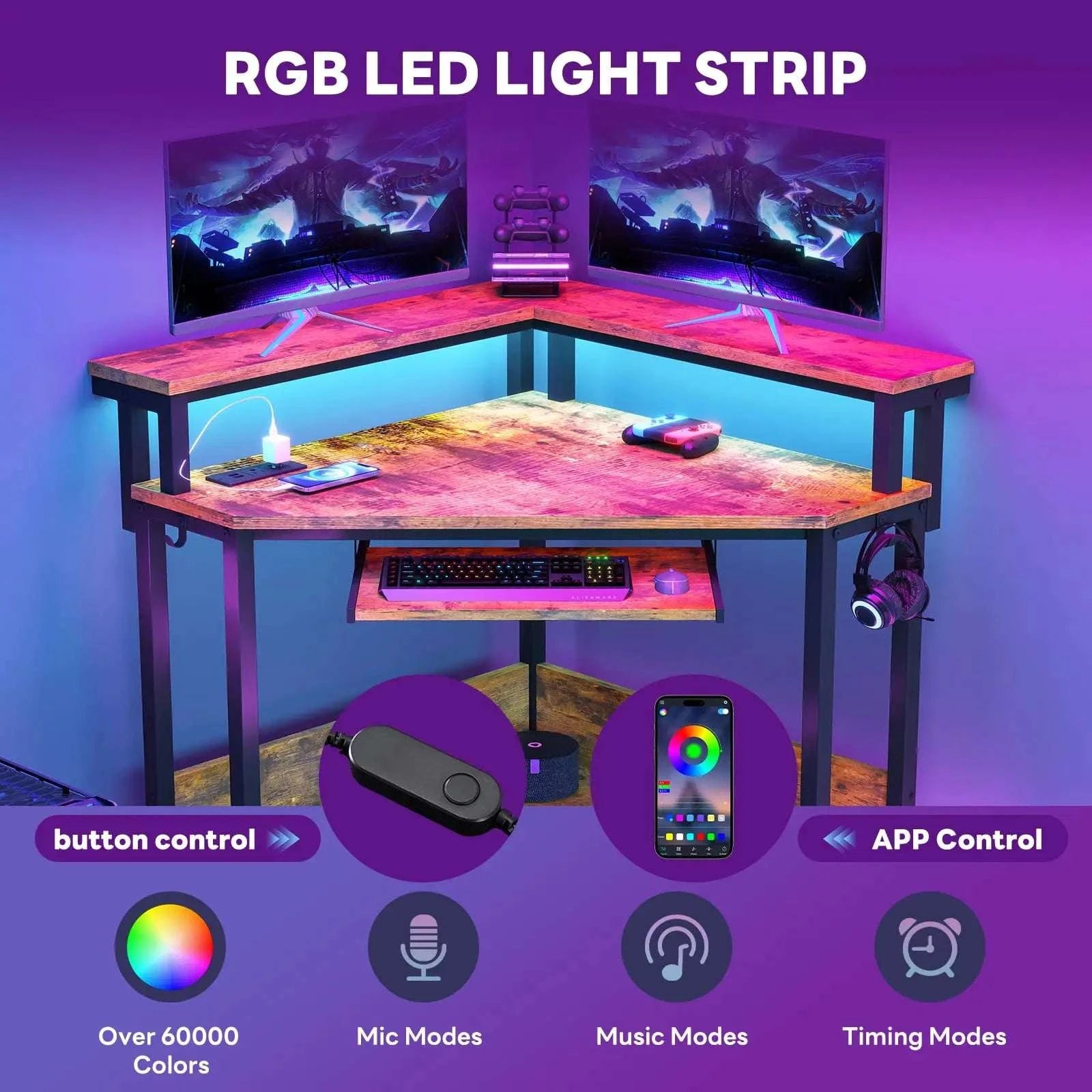 Corner Desk with LED Lights & Power Outlets for Small Spaces-Carbon Black / United States