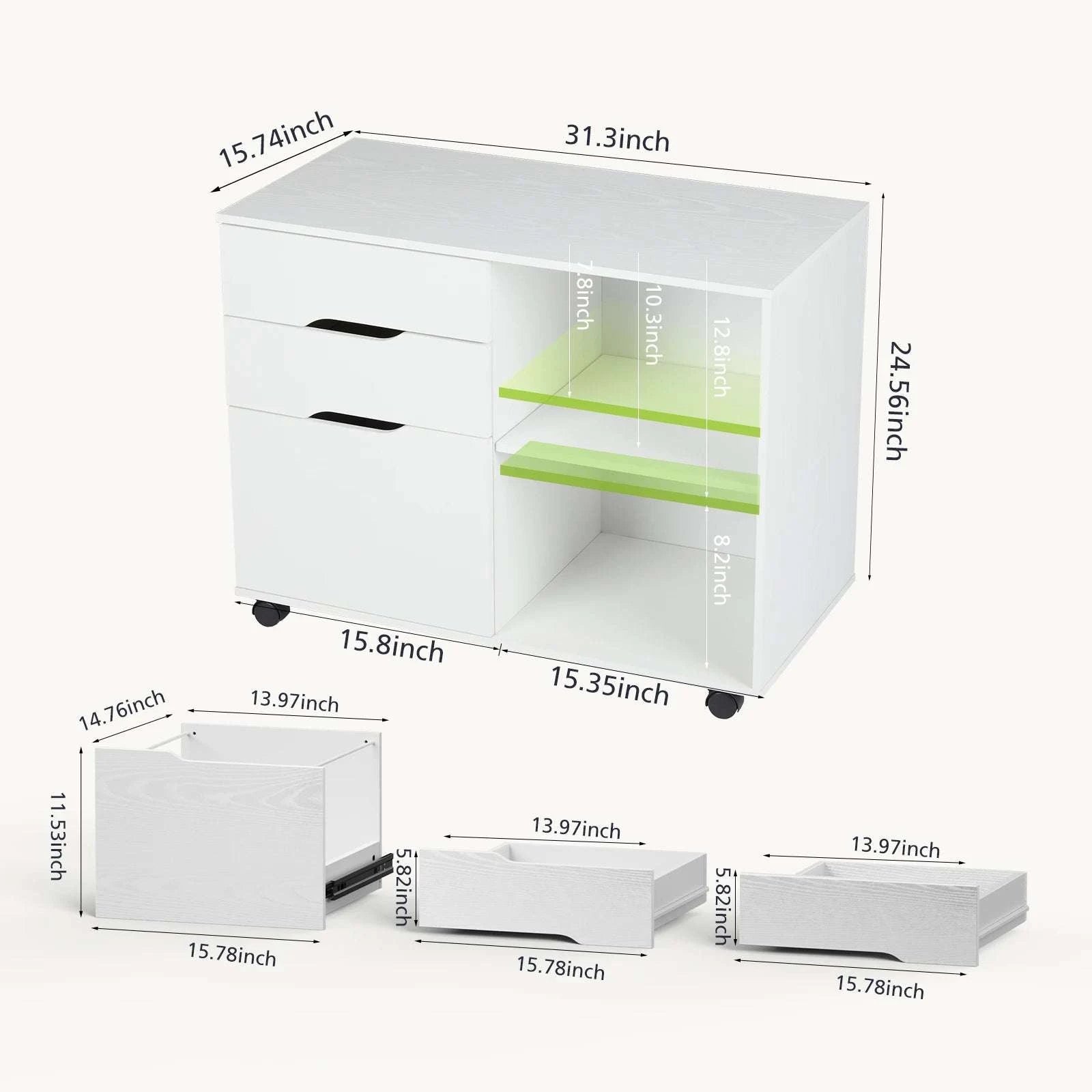 Corner Storage Cabinet with Drawers & Wheels Wood Organizer Table-Ivory / United States