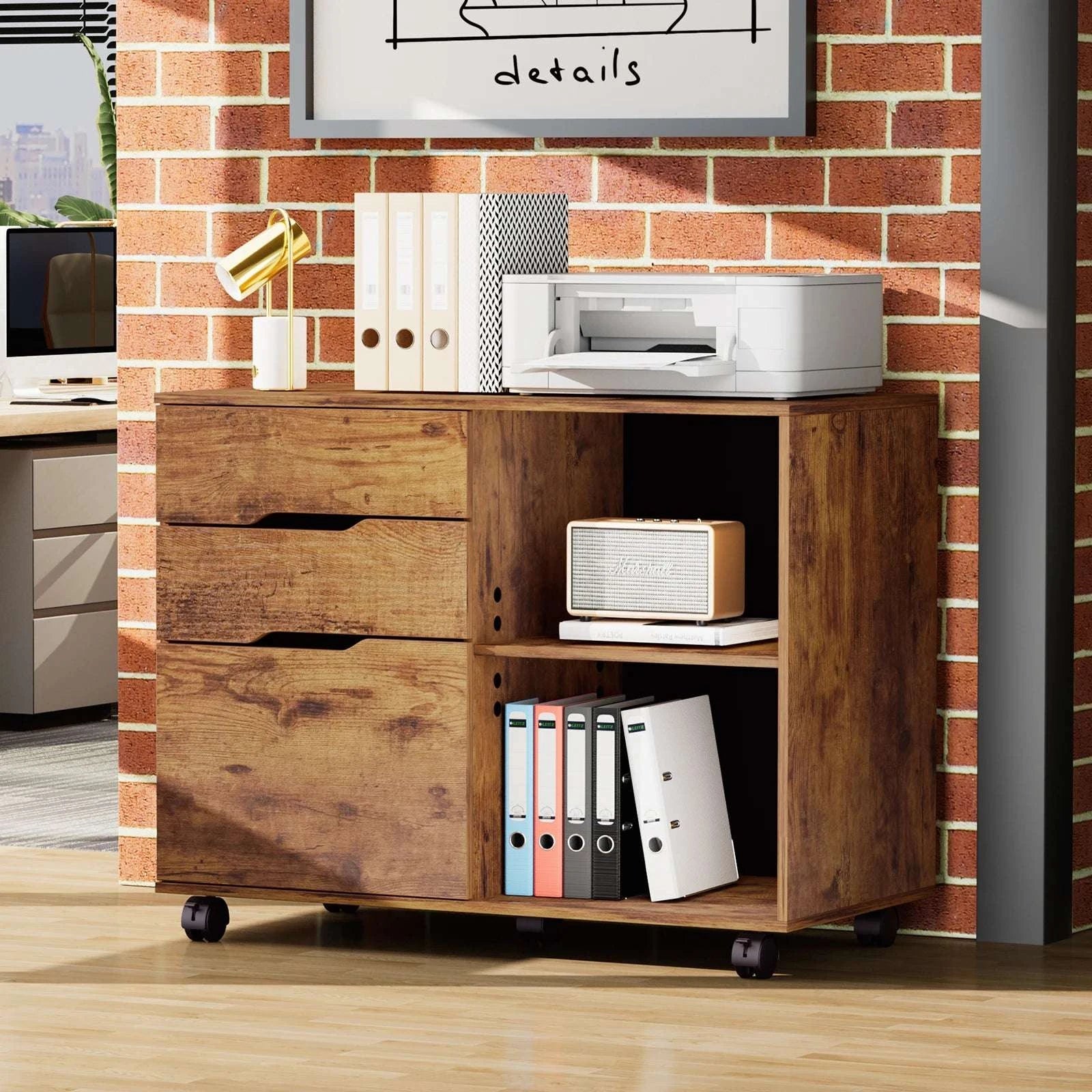 Corner Storage Cabinet with Drawers & Wheels Wood Organizer Table-Ivory / United States
