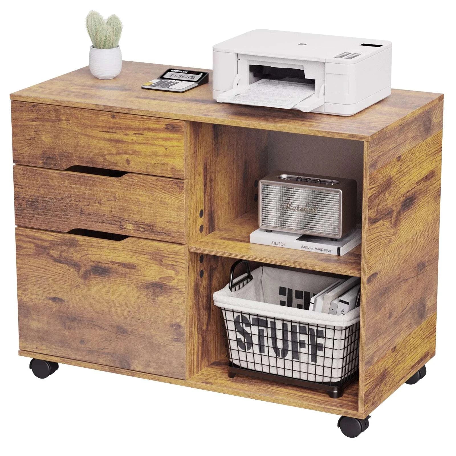 Corner Storage Cabinet with Drawers & Wheels Wood Organizer Table-Ivory / United States