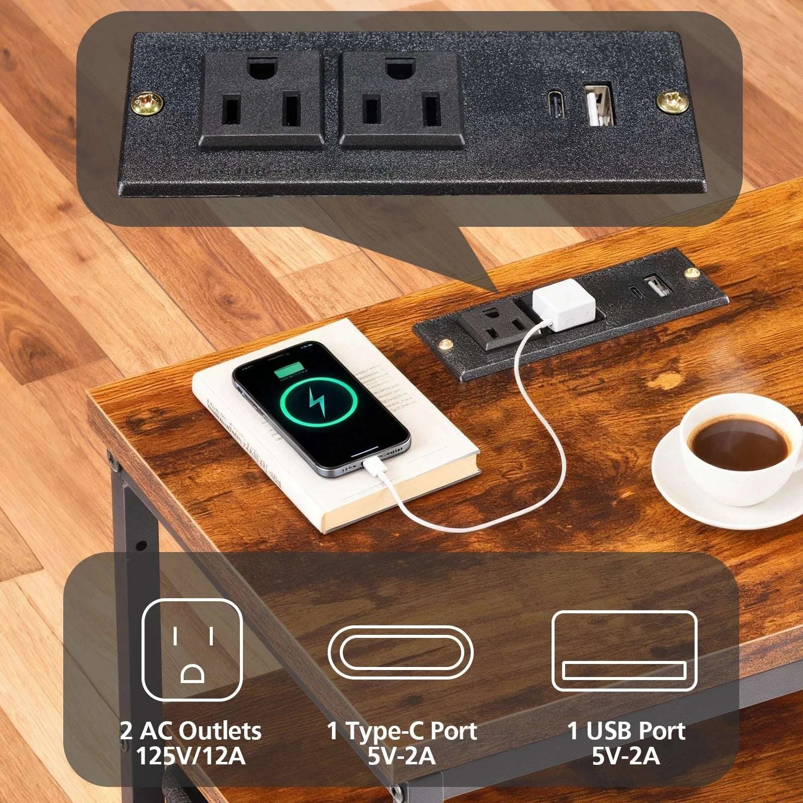Corner Table Cabinet with Drawers, USB Ports, Outlets & LED Light-Rust / United States