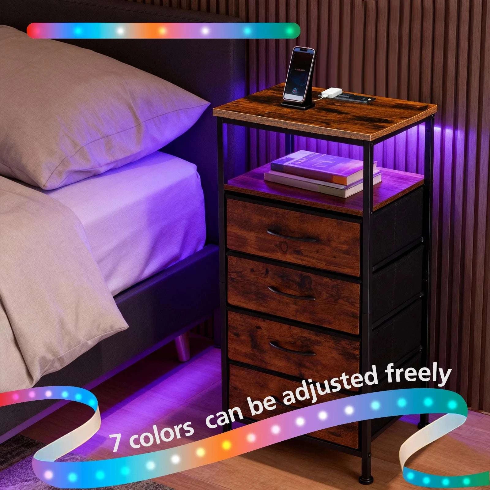 Corner Table Cabinet with Drawers, USB Ports, Outlets & LED Light-Rust / United States
