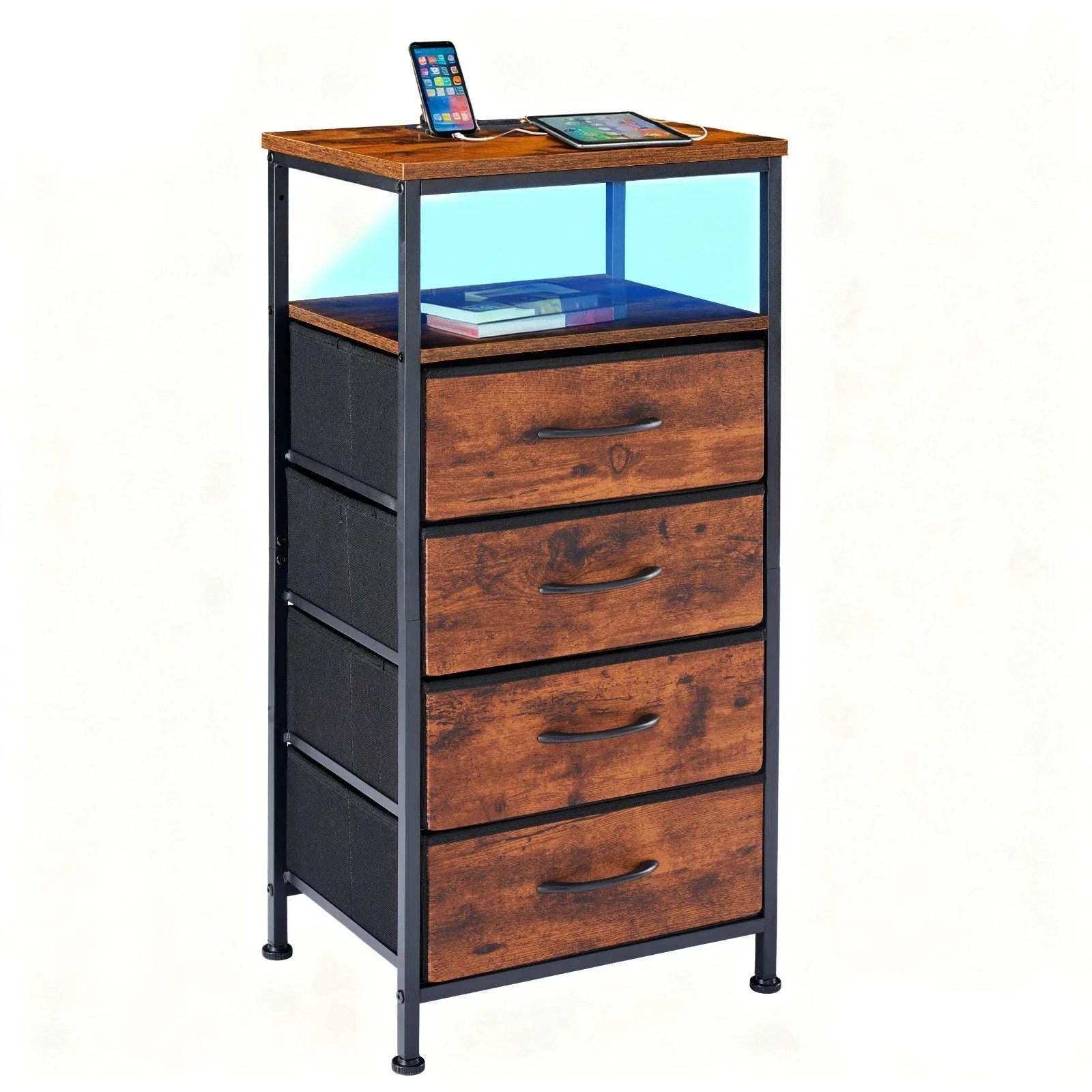 Corner Table Cabinet with Drawers, USB Ports, Outlets & LED Light-Rust / United States