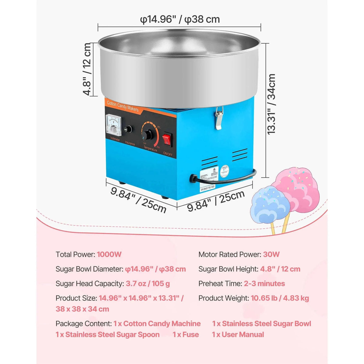 Cotton Candy Machine 1000W Electric Candy Floss Maker with 15 Inch Stainless Steel Bowl-Pink / Germany