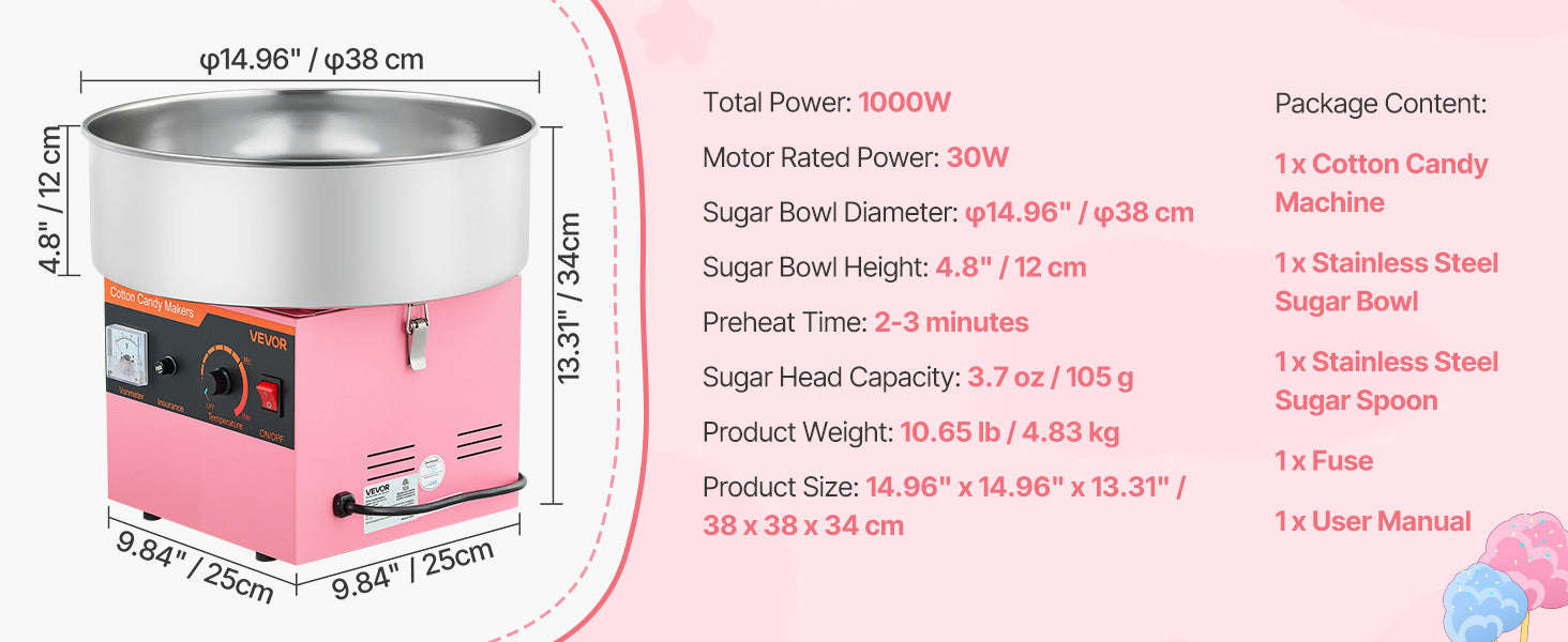 Cotton Candy Machine 1000W Electric Candy Floss Maker with 15 Inch Stainless Steel Bowl-Pink / Germany