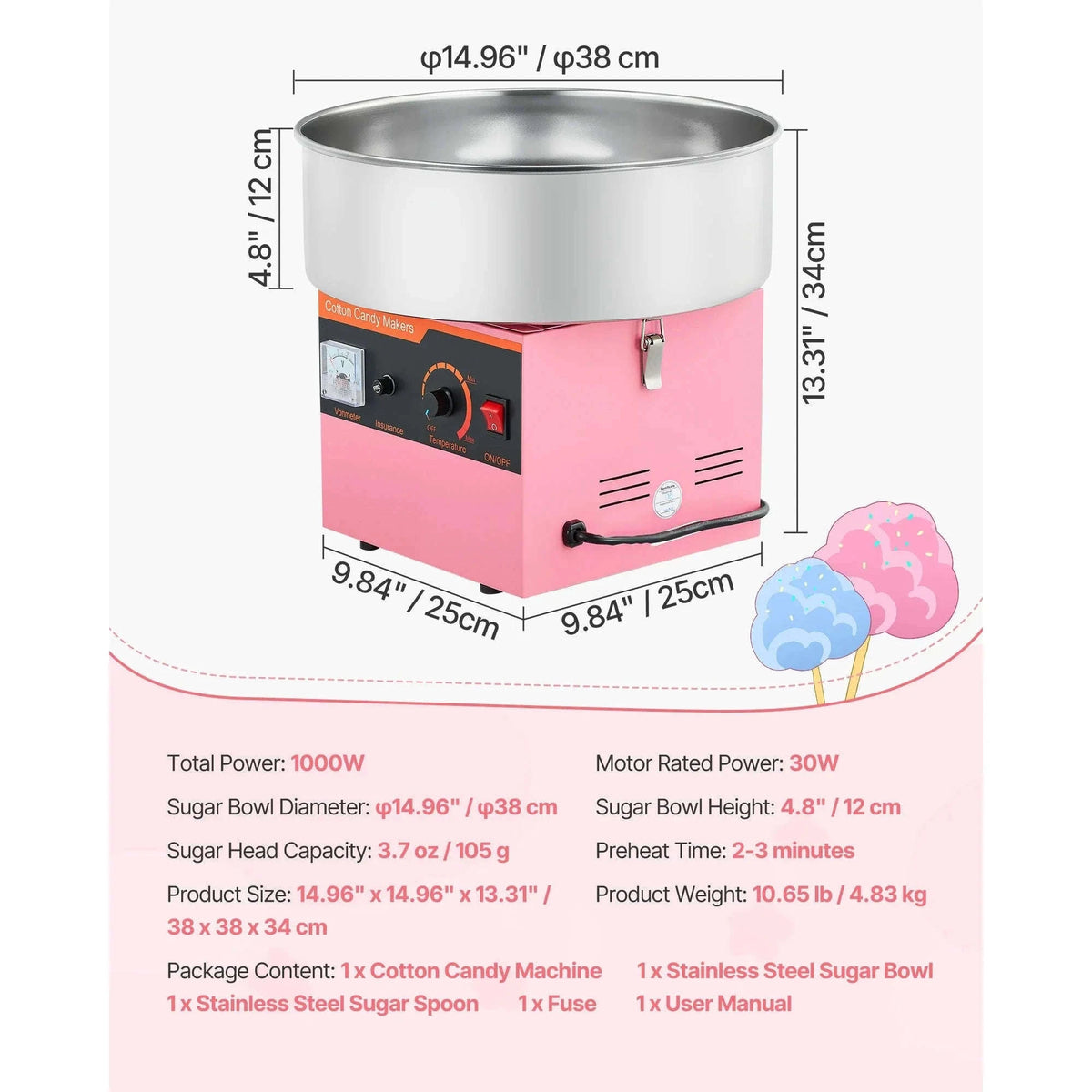 Cotton Candy Machine 1000W Electric Candy Floss Maker with 15 Inch Stainless Steel Bowl-Pink / Germany