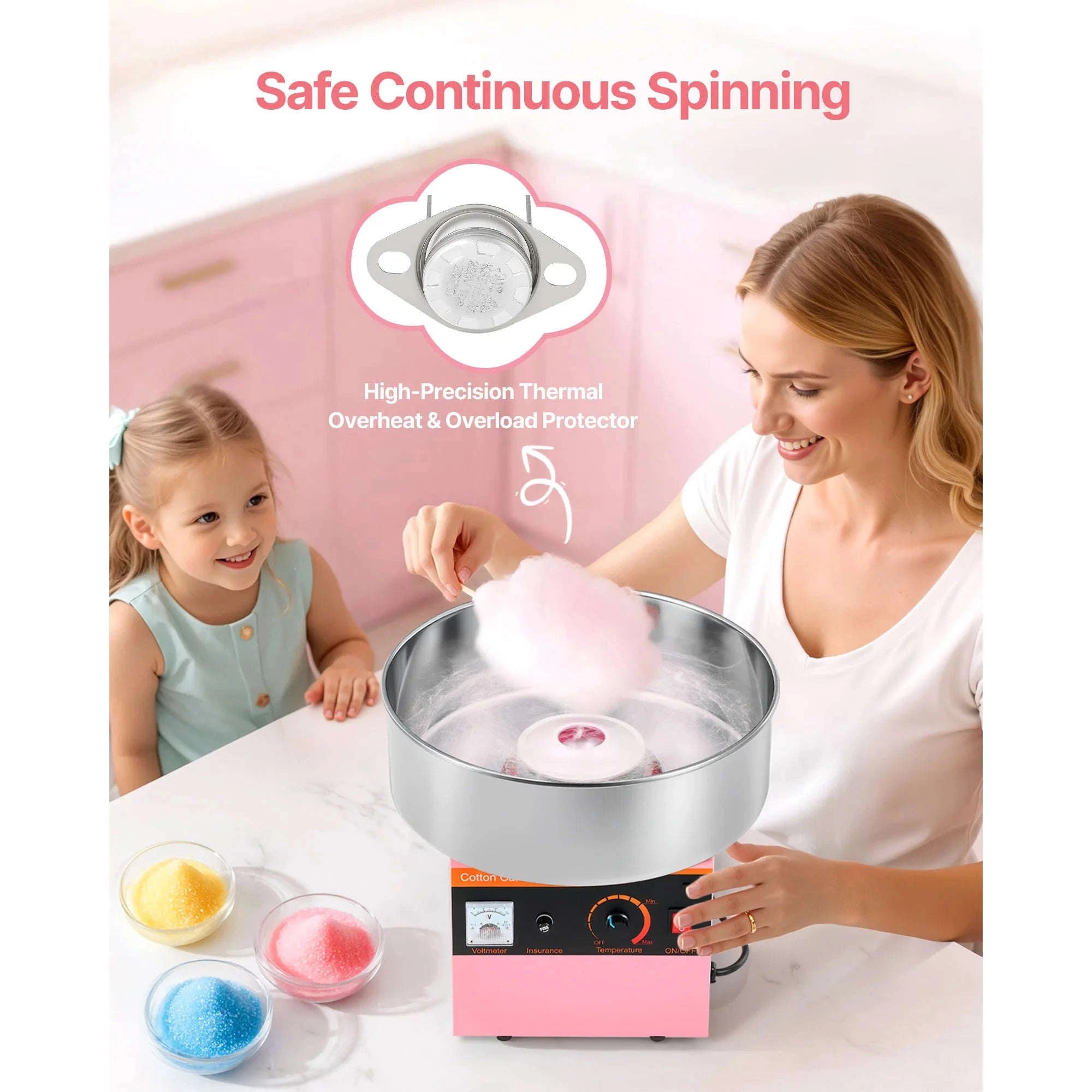 Cotton Candy Machine 1000W Electric Candy Floss Maker with 15 Inch Stainless Steel Bowl-Pink / Germany