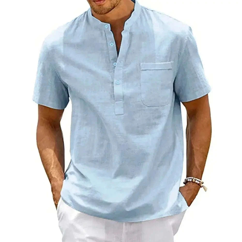 Cotton Linen Henley Shirt for Men – Breathable, Lightweight Summer Style-Khaki / US S 50-60 KG
