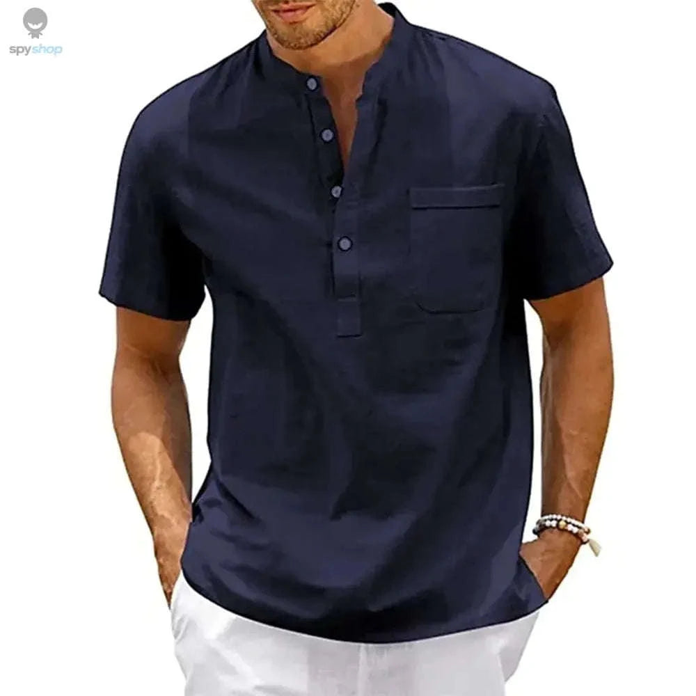 Cotton Linen Henley Shirt for Men – Breathable, Lightweight Summer Style-Khaki / US S 50-60 KG