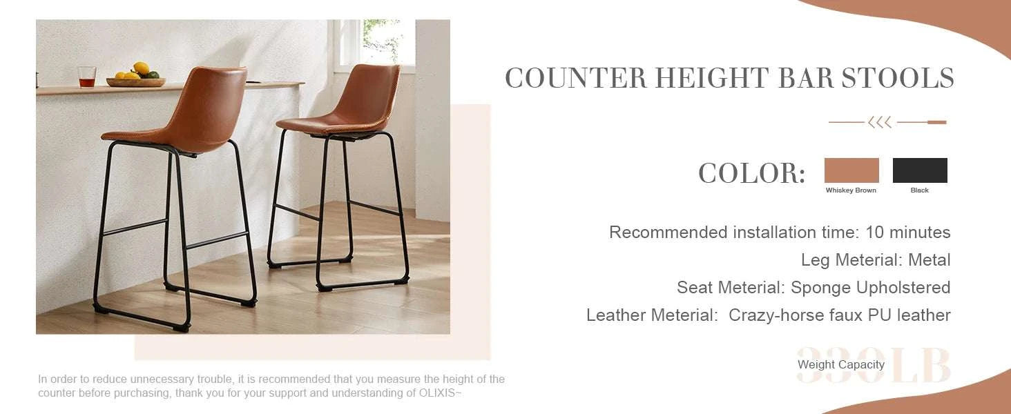 Counter Height Bar Stools Set of 2 Faux Leather with Back-Chocolate / United States