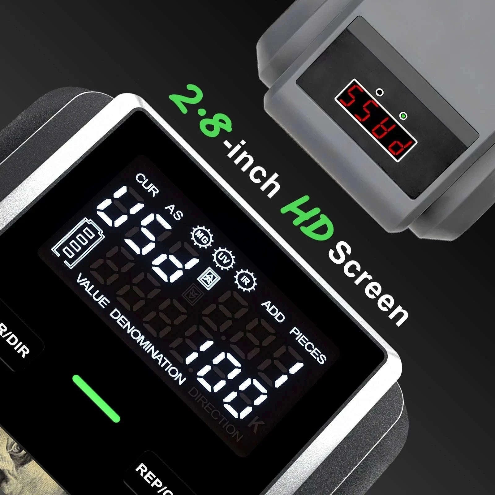 Counterfeit Bill Detector with 2.8 Inch Screen and Total Value Display-dark green
