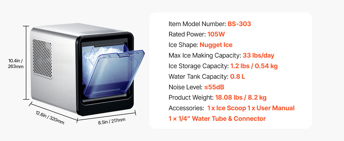 Countertop Nugget Ice Maker 33–44 lbs/Day with Self-Cleaning