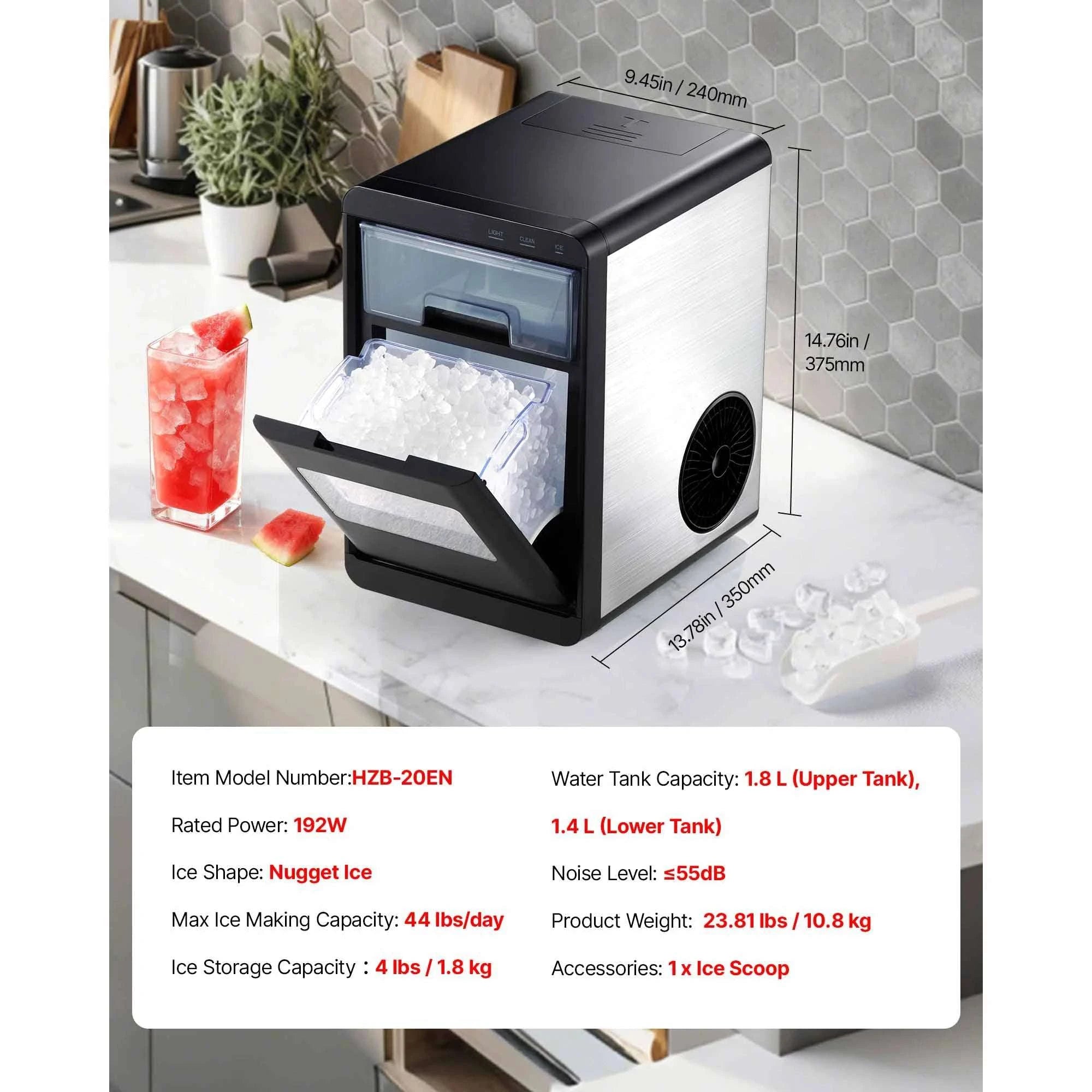 Countertop Nugget Ice Maker 33–44 lbs/Day with Self-Cleaning-33lbs per 24H / United States