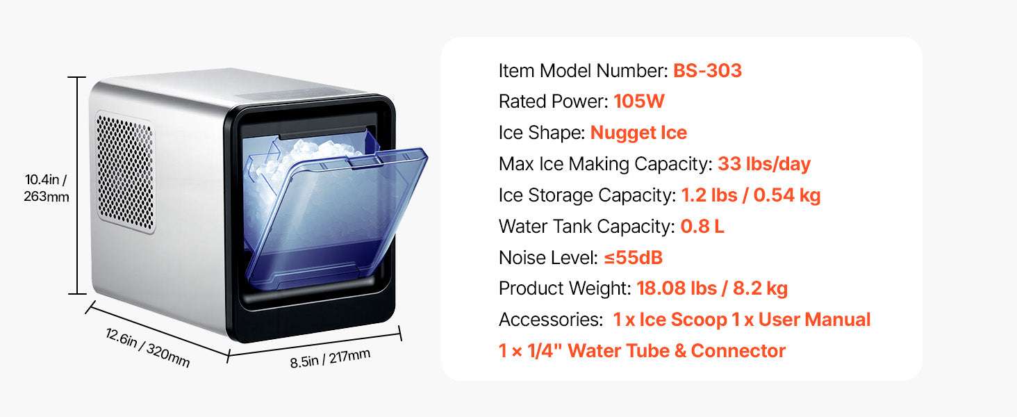 Countertop Nugget Ice Maker 33–44 lbs/Day with Self-Cleaning-33lbs per 24H / United States