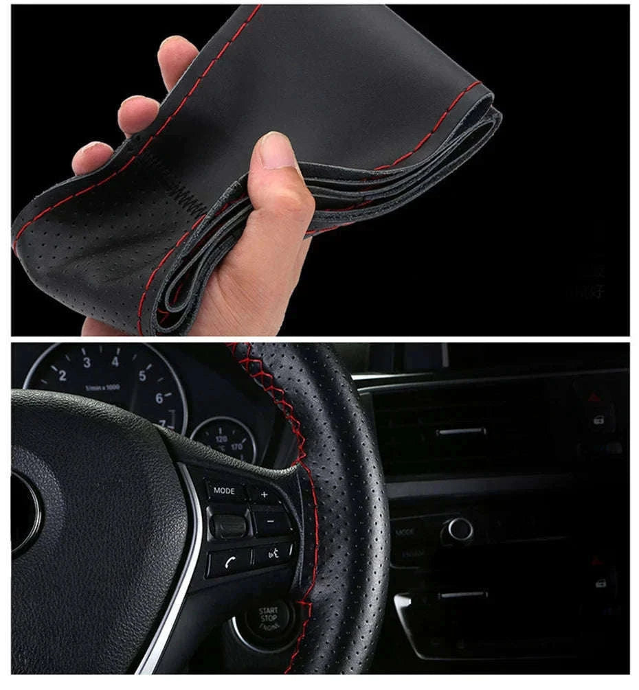 Cowhide Leather Steering Wheel Cover for 37-39cm-Black red