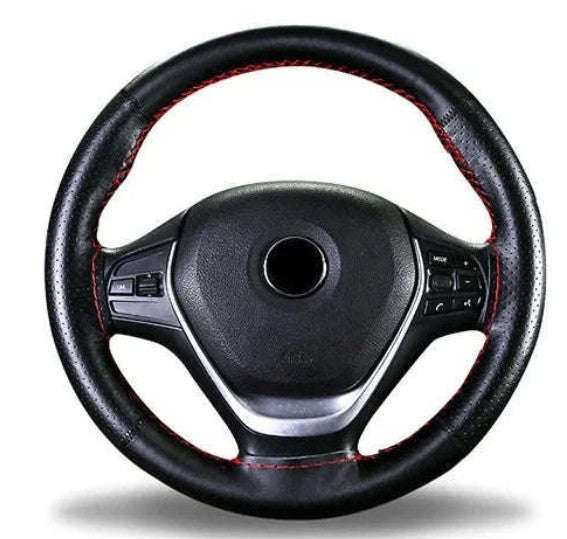 Cowhide Leather Steering Wheel Cover for 37-39cm-Black red
