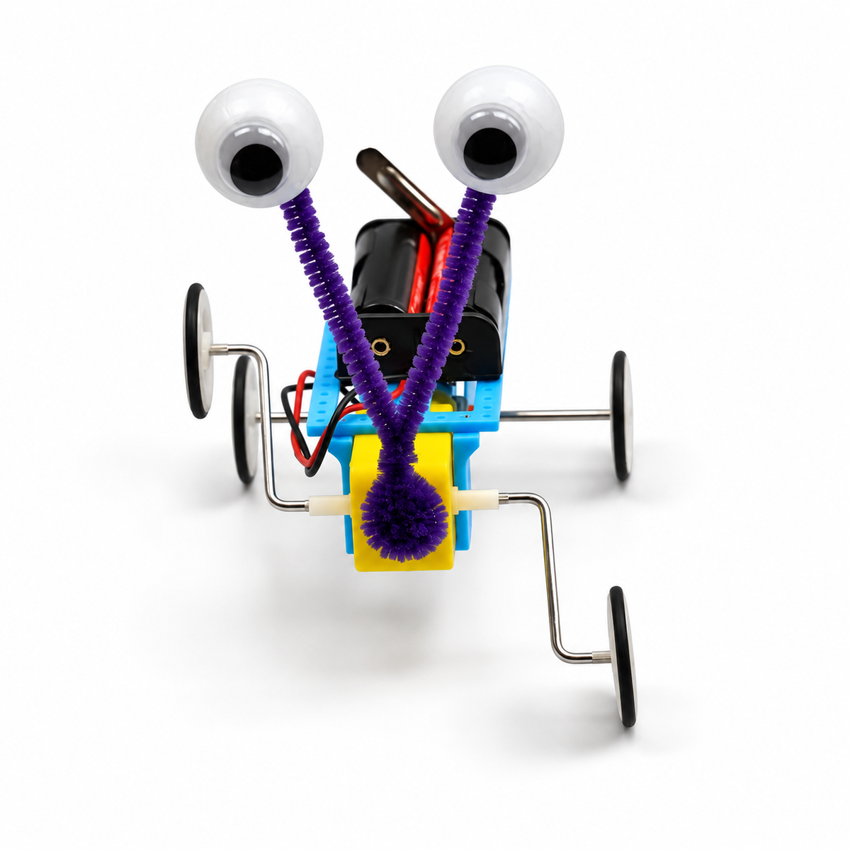 Assembled educational crawling robot kit on white background