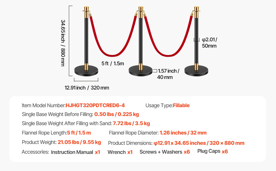 SucceBuy Stanchions 6 Pcs Crowd Control Barriers 4 Velvet Ropes Stainless Steel Stanchion Post Queue w/ Fillable Base for Party