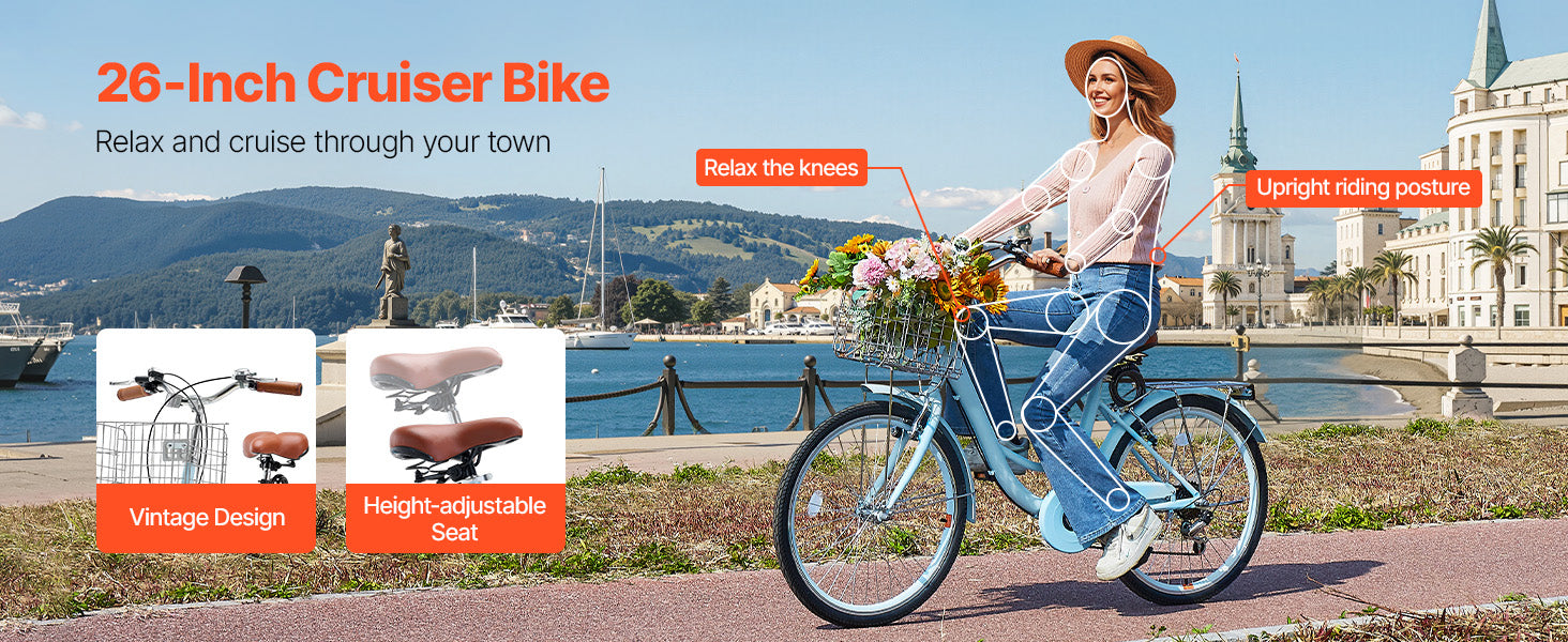 24/26 Inch Cruiserfiets met Mand & Achterdrager, 7 Versnellingen Comfortabele Rit