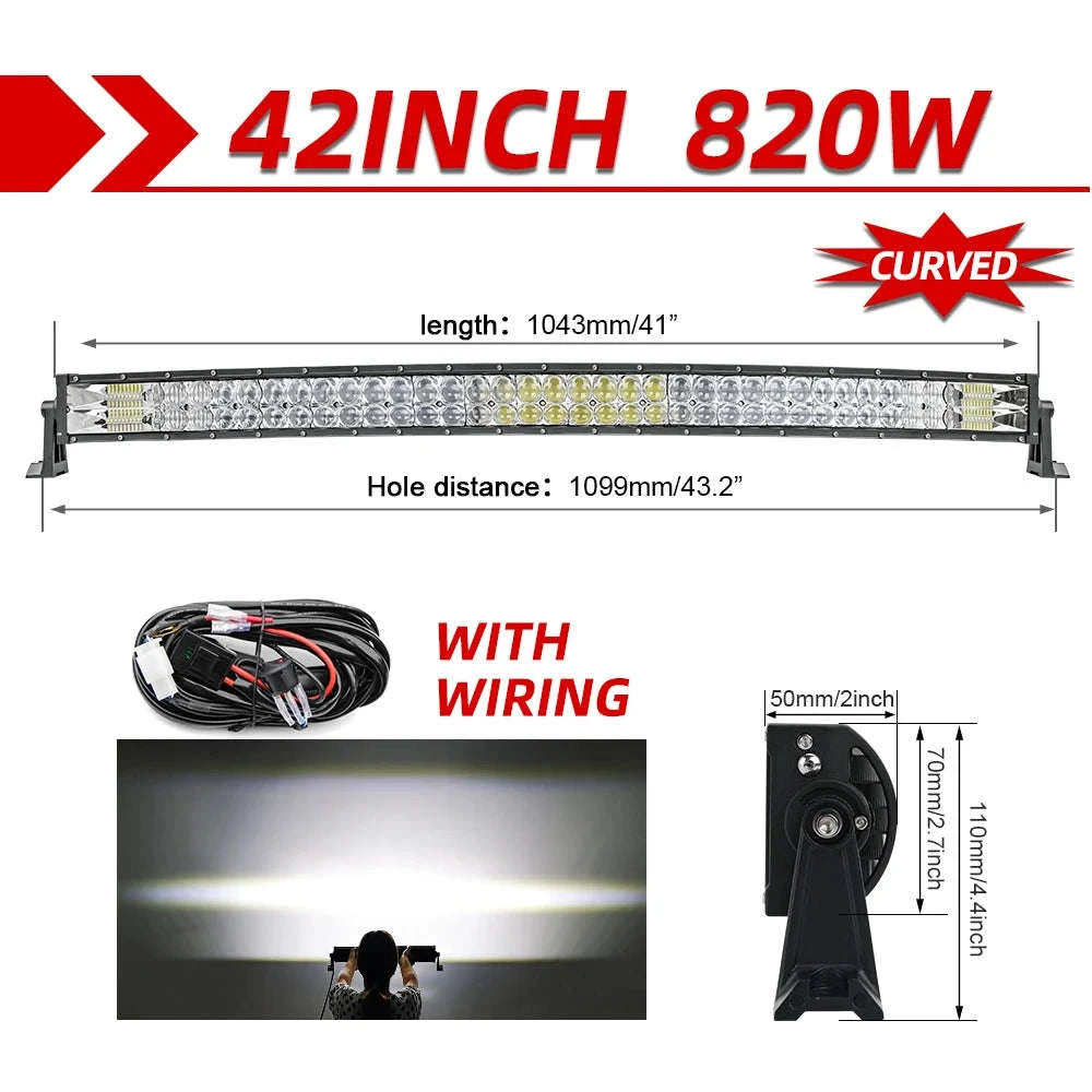 Curved Dual Row LED Light Bar Combo 420W-1020W 12V-24V-42Straight with Wire / france