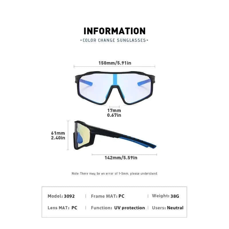 Customizable Prescription Sports Sunglasses with Photochromic Lenses-Black-Blue / myopia -5.5