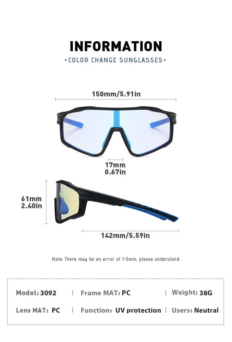 Customizable Prescription Sports Sunglasses with Photochromic Polarized Lenses-Black-Blue / myopia -5.5