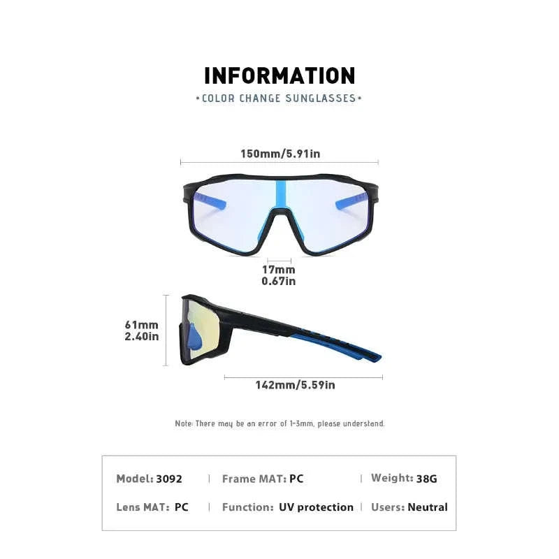Customizable Prescription Sports Sunglasses with Photochromic Polarized Lenses-Black-Blue / myopia -5.5