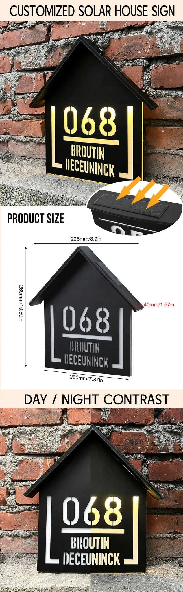 Customized Solar House Sign with LED Acrylic Address Numbers-19x23cm(7.5x9.1in)