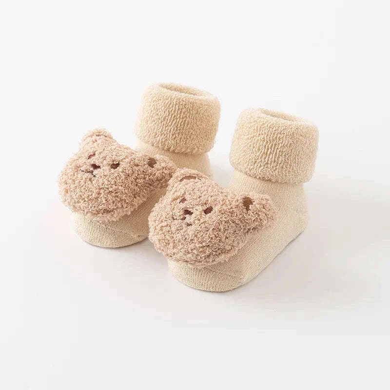 Cute Cartoon Bear Baby Socks with Anti-Slip Soles-Khaki / 0-1Years(S)