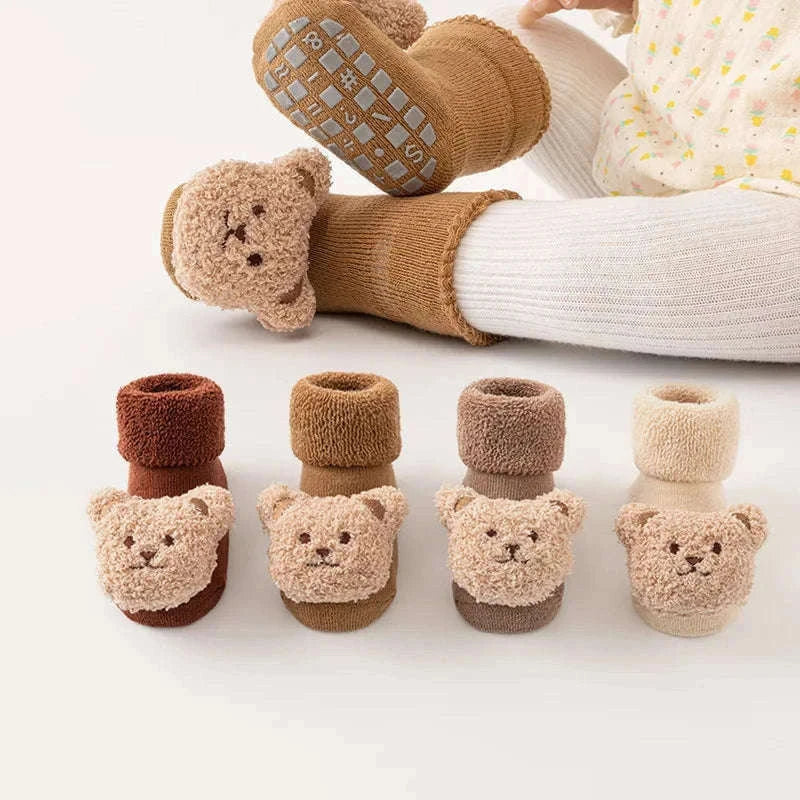 Cute Cartoon Bear Baby Socks with Anti-Slip Soles-Khaki / 0-1Years(S)